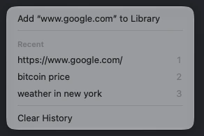 The Library clipboard menu listing recent copies, with numbered shortcuts