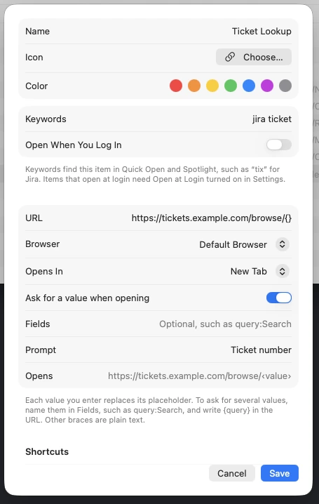 The Get Info sheet for a bookmark, with name, URL, and template settings