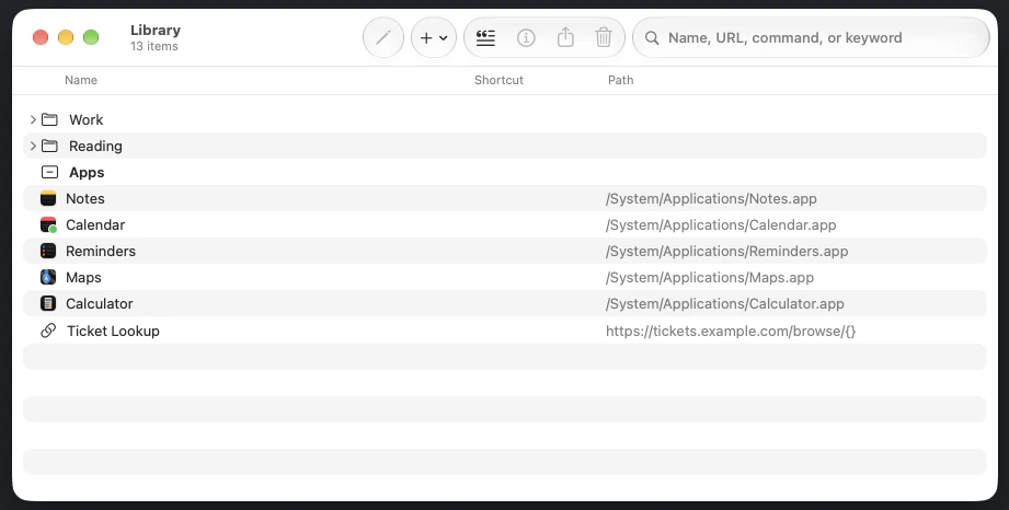 The Edit Library window with folders, apps, and a bookmark