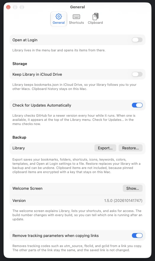 Settings, General tab, with storage, updates, backup, and tracking options